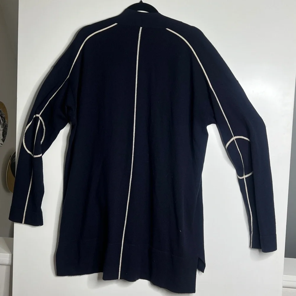 Akris Punto Sz 14 Navy White Open Cardigan Soft Virgin Wool Side Pockets